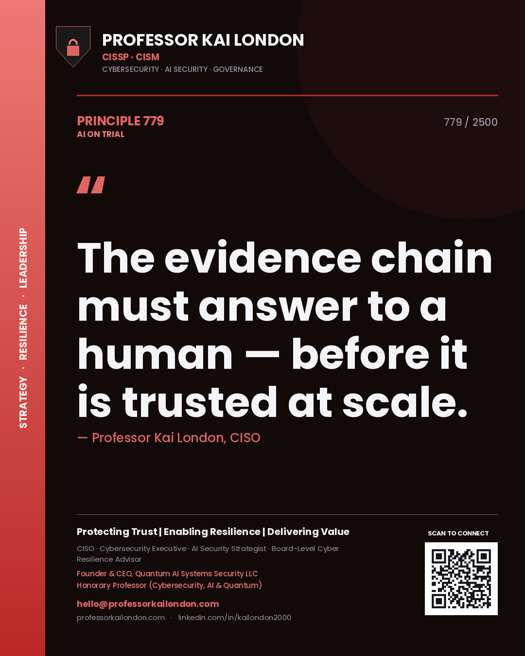 Quote card by Professor Kai London reading 'The evidence chain must answer to a human — before it is trusted at scale.'. From the book AI on Trial.