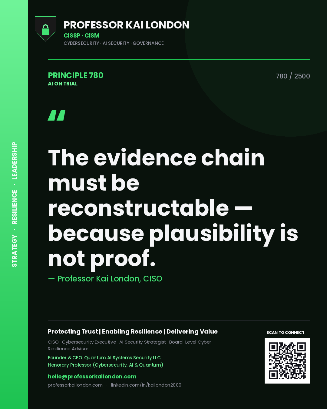 Quote card by Professor Kai London reading 'The evidence chain must be reconstructable — because plausibility is not proof.'. From the book AI on Trial.