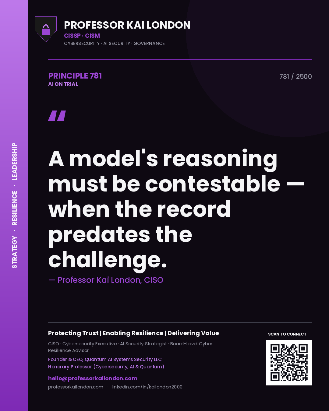Professor Kai London principle 781: A model's reasoning must be contestable — when the record predates the challenge.