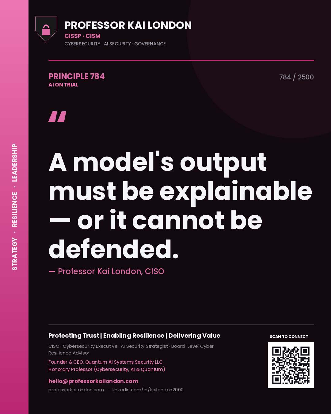 Quote card by Professor Kai London reading 'A model's output must be explainable — or it cannot be defended.'. From the book AI on Trial.