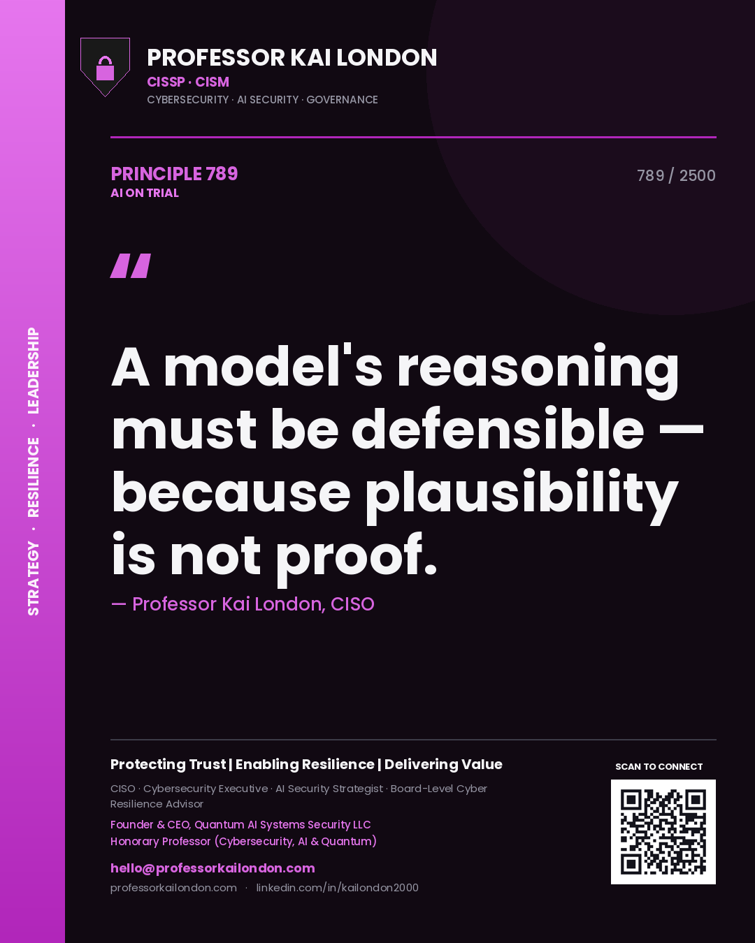 Professor Kai London principle 789: A model's reasoning must be defensible — because plausibility is not proof.
