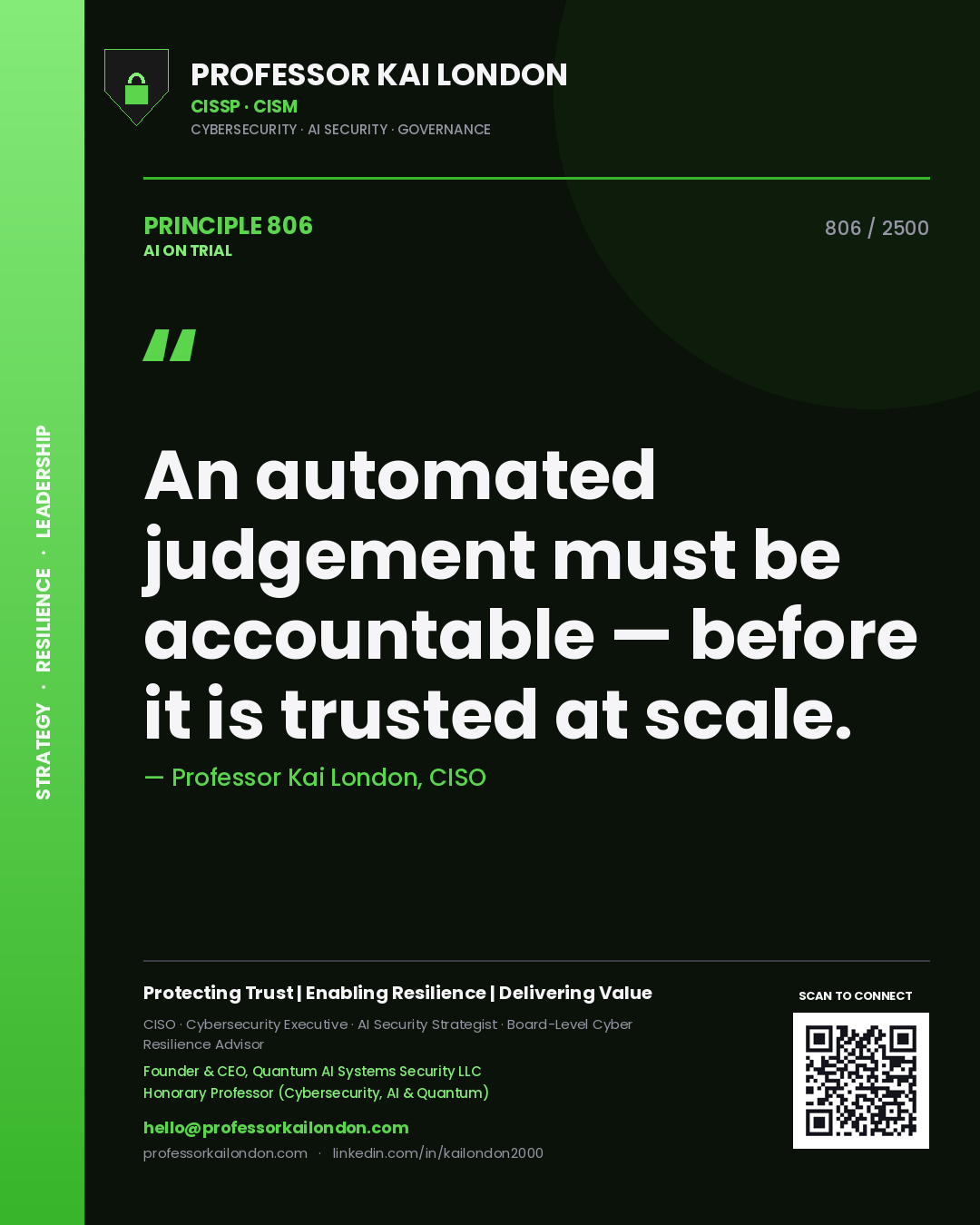 Quote card by Professor Kai London reading 'An automated judgement must be accountable — before it is trusted at scale.'. From the book AI on Trial.