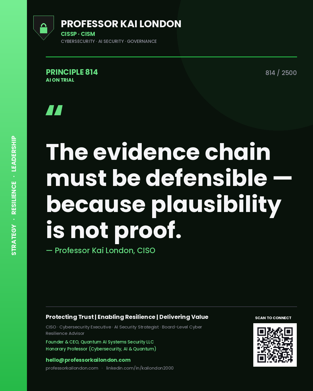 Quote card by Professor Kai London reading 'The evidence chain must be defensible — because plausibility is not proof.'. From the book AI on Trial.