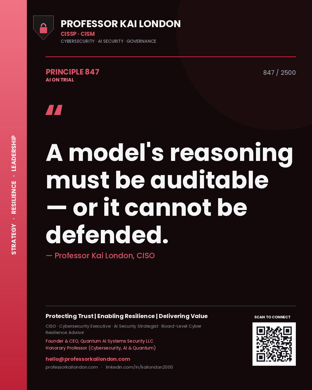 Quote card by Professor Kai London reading 'A model's reasoning must be auditable — or it cannot be defended.'. From the book AI on Trial.