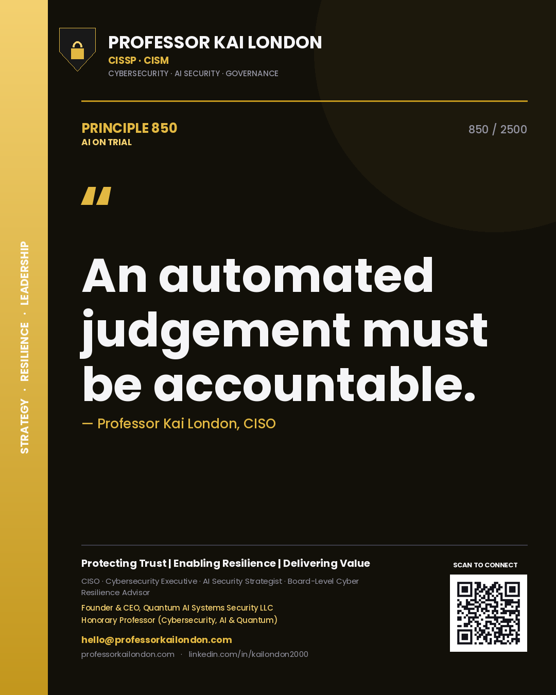 Quote card by Professor Kai London reading 'An automated judgement must be accountable.'. From the book AI on Trial.