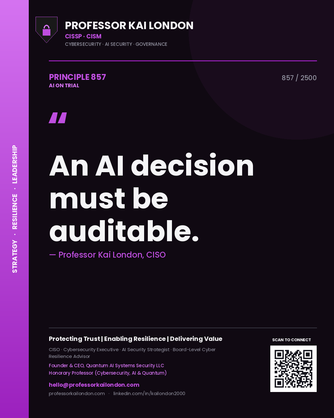 Quote card by Professor Kai London reading 'An AI decision must be auditable.'. From the book AI on Trial.