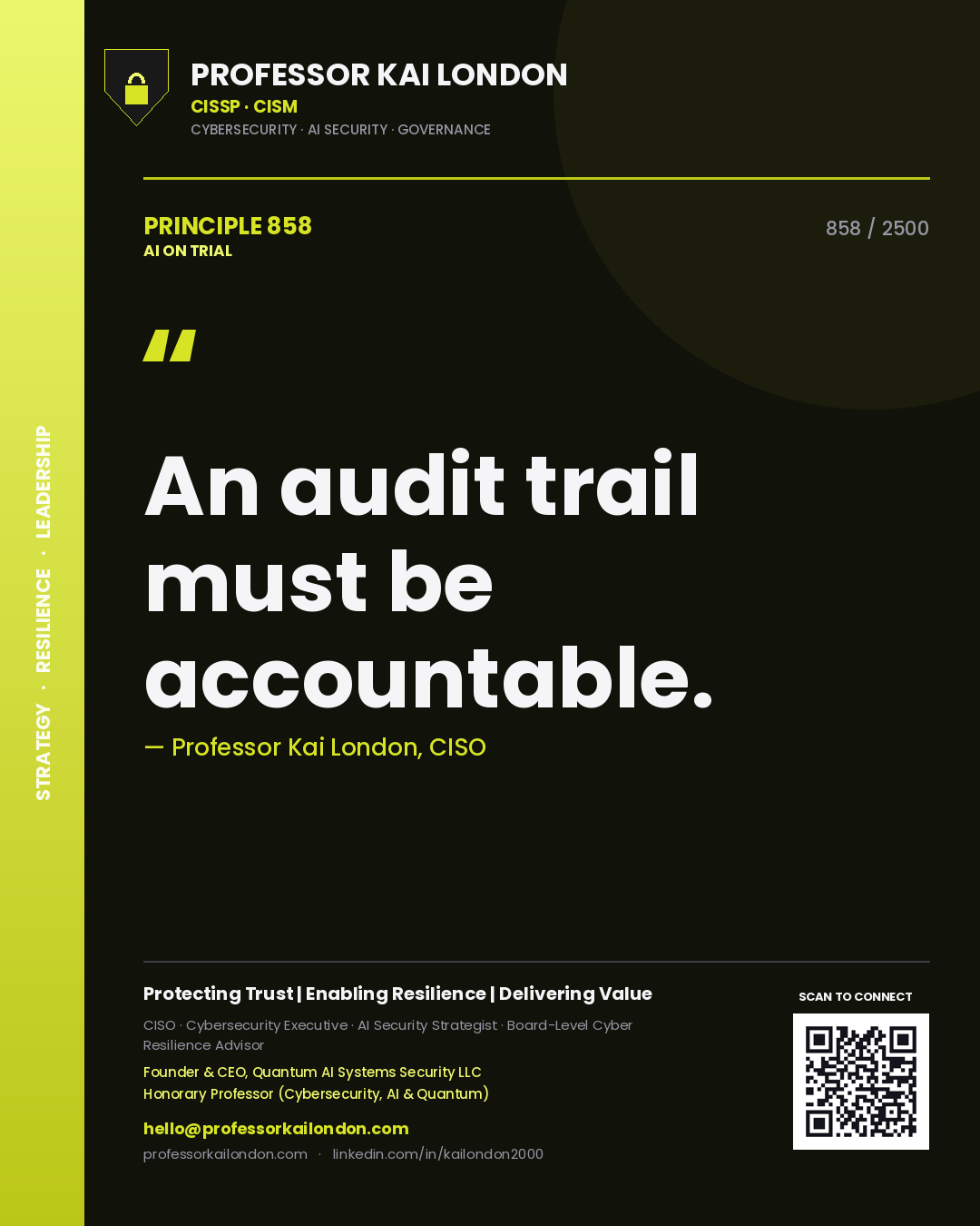 Quote card by Professor Kai London reading 'An audit trail must be accountable.'. From the book AI on Trial.