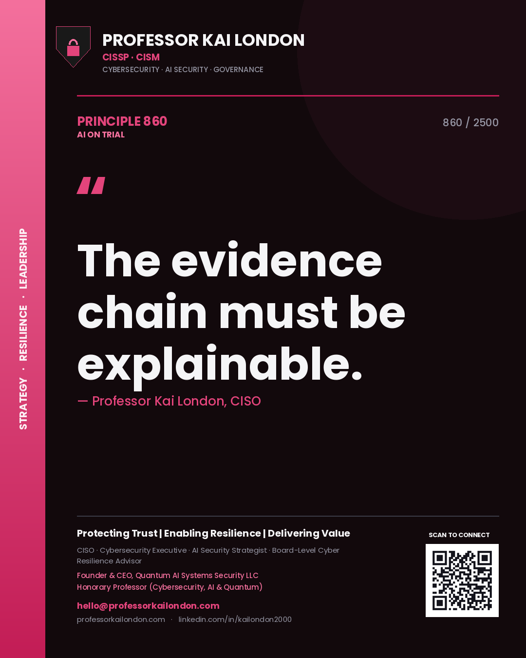 Quote card by Professor Kai London reading 'The evidence chain must be explainable.'. From the book AI on Trial.
