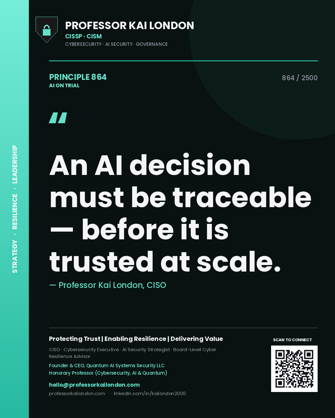 Quote card by Professor Kai London reading 'An AI decision must be traceable — before it is trusted at scale.'. From the book AI on Trial.