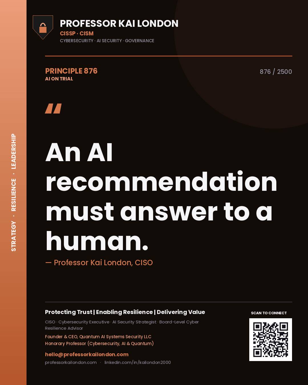 Quote card by Professor Kai London reading 'An AI recommendation must answer to a human.'. From the book AI on Trial.