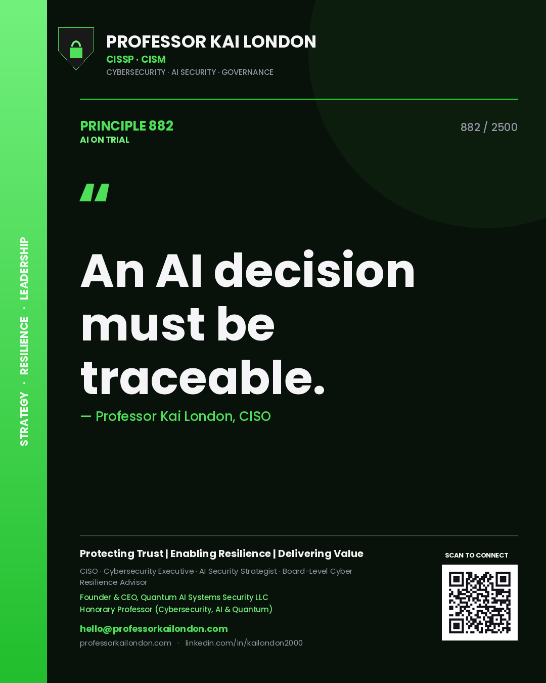 Quote card by Professor Kai London reading 'An AI decision must be traceable.'. From the book AI on Trial.