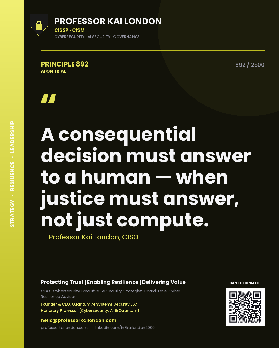 Quote card by Professor Kai London reading 'A consequential decision must answer to a human — when justice must answer, not just compute.'. From the book AI on Trial.