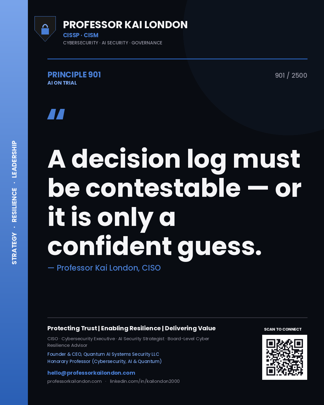 Professor Kai London principle 901: A decision log must be contestable — or it is only a confident guess.