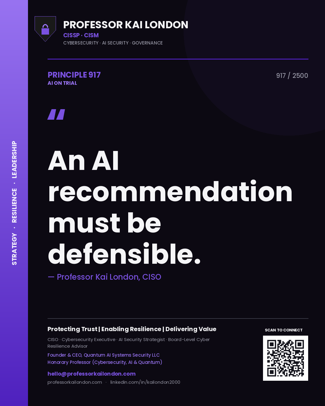 Quote card by Professor Kai London reading 'An AI recommendation must be defensible.'. From the book AI on Trial.