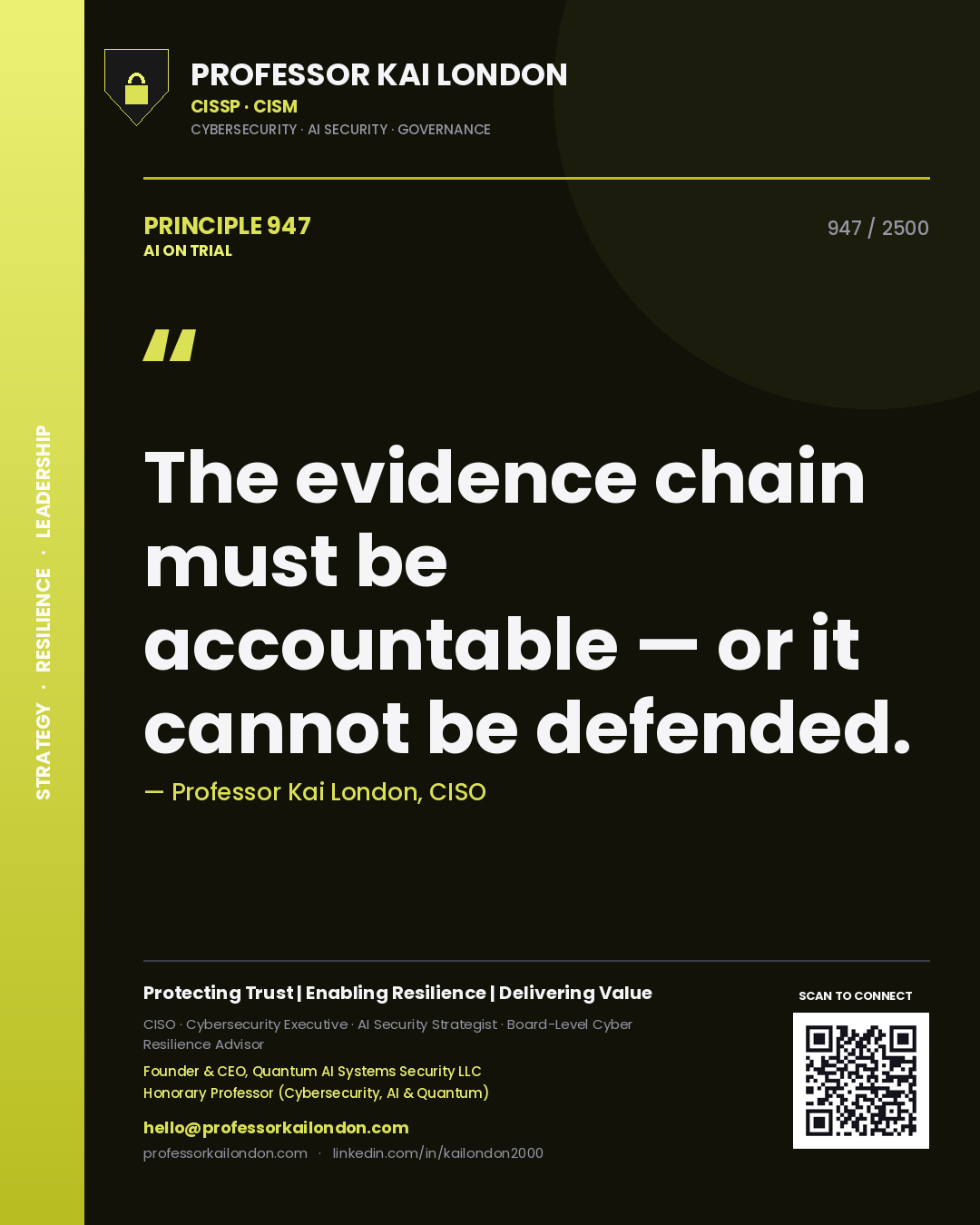 Quote card by Professor Kai London reading 'The evidence chain must be accountable — or it cannot be defended.'. From the book AI on Trial.