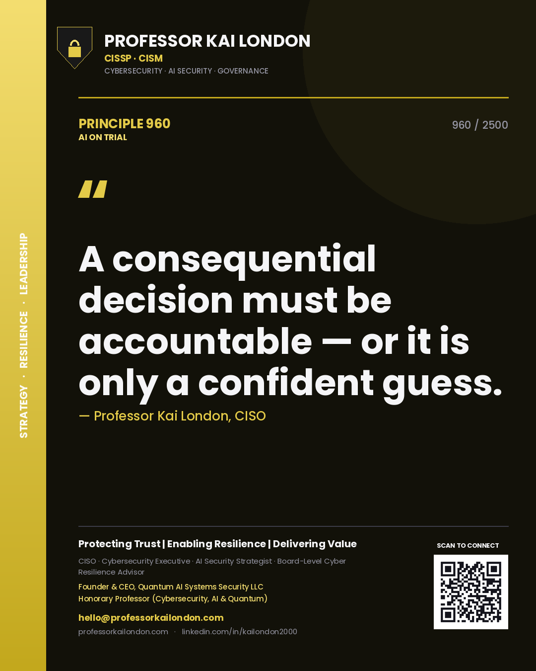 Quote card by Professor Kai London reading 'A consequential decision must be accountable — or it is only a confident guess.'. From the book AI on Trial.