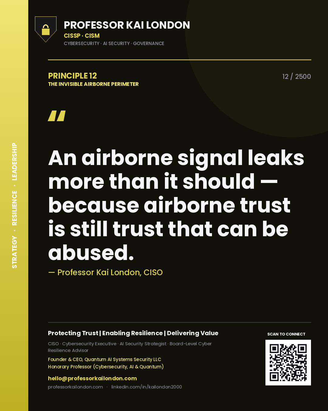 Quote card by Professor Kai London reading 'An airborne signal leaks more than it should — because airborne trust is still trust that can be abused.'. From the book The Invisible Airborne Perimeter.