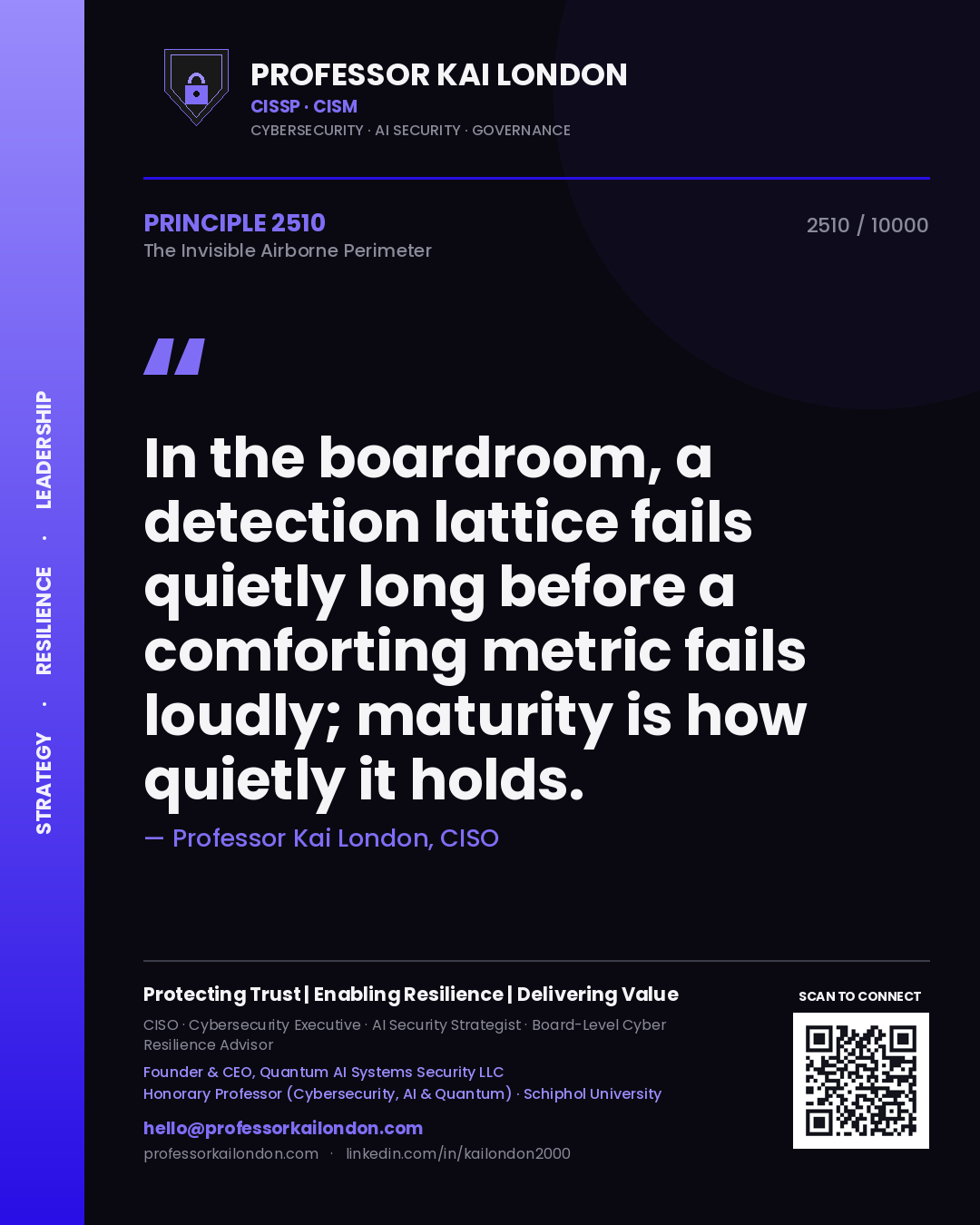 Quote card by Professor Kai London reading 'In the boardroom, a detection lattice fails quietly long before a comforting metric fails loudly; maturity is how quietly it holds.'. From the book The Invisible Airborne Perimeter.
