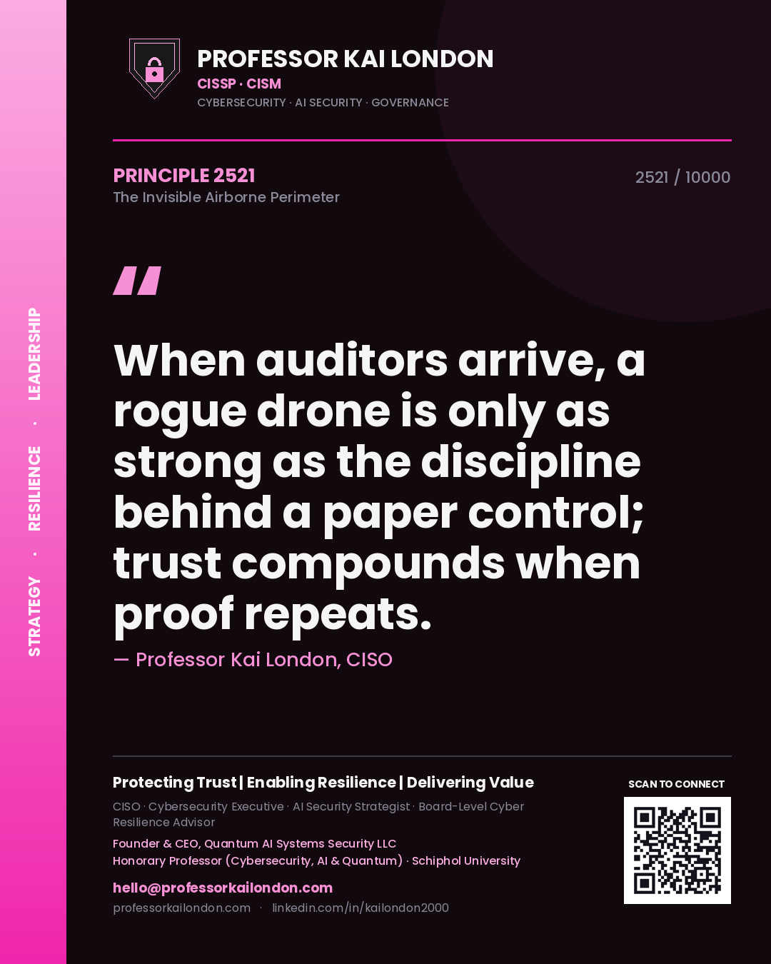 Quote card by Professor Kai London reading 'When auditors arrive, a rogue drone is only as strong as the discipline behind a paper control; trust compounds when proof repeats.'. From the book The Invisible Airborne Perimeter.