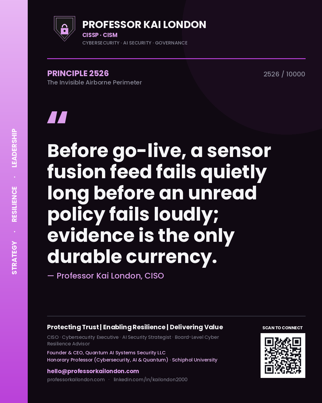 Quote card by Professor Kai London reading 'Before go-live, a sensor fusion feed fails quietly long before an unread policy fails loudly; evidence is the only durable currency.'. From the book The Invisible Airborne Perimeter.