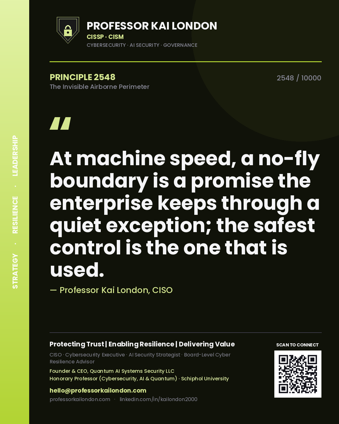 Quote card by Professor Kai London reading 'At machine speed, a no-fly boundary is a promise the enterprise keeps through a quiet exception; the safest control is the one that is used.'. From the book The Invisible Airborne Perimeter.