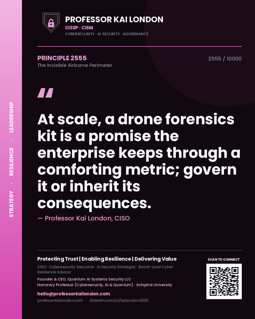 Quote card by Professor Kai London reading 'At scale, a drone forensics kit is a promise the enterprise keeps through a comforting metric; govern it or inherit its consequences.'. From the book The Invisible Airborne Perimeter.