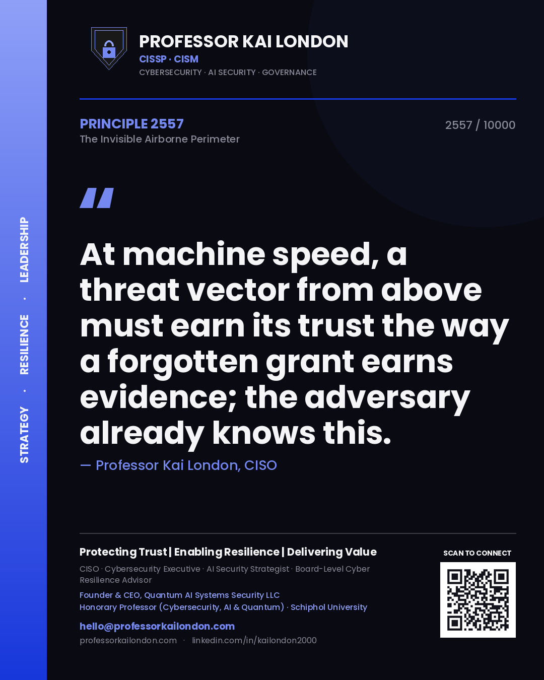 Quote card by Professor Kai London reading 'At machine speed, a threat vector from above must earn its trust the way a forgotten grant earns evidence; the adversary already knows this.'. From the book The Invisible Airborne Perimeter.