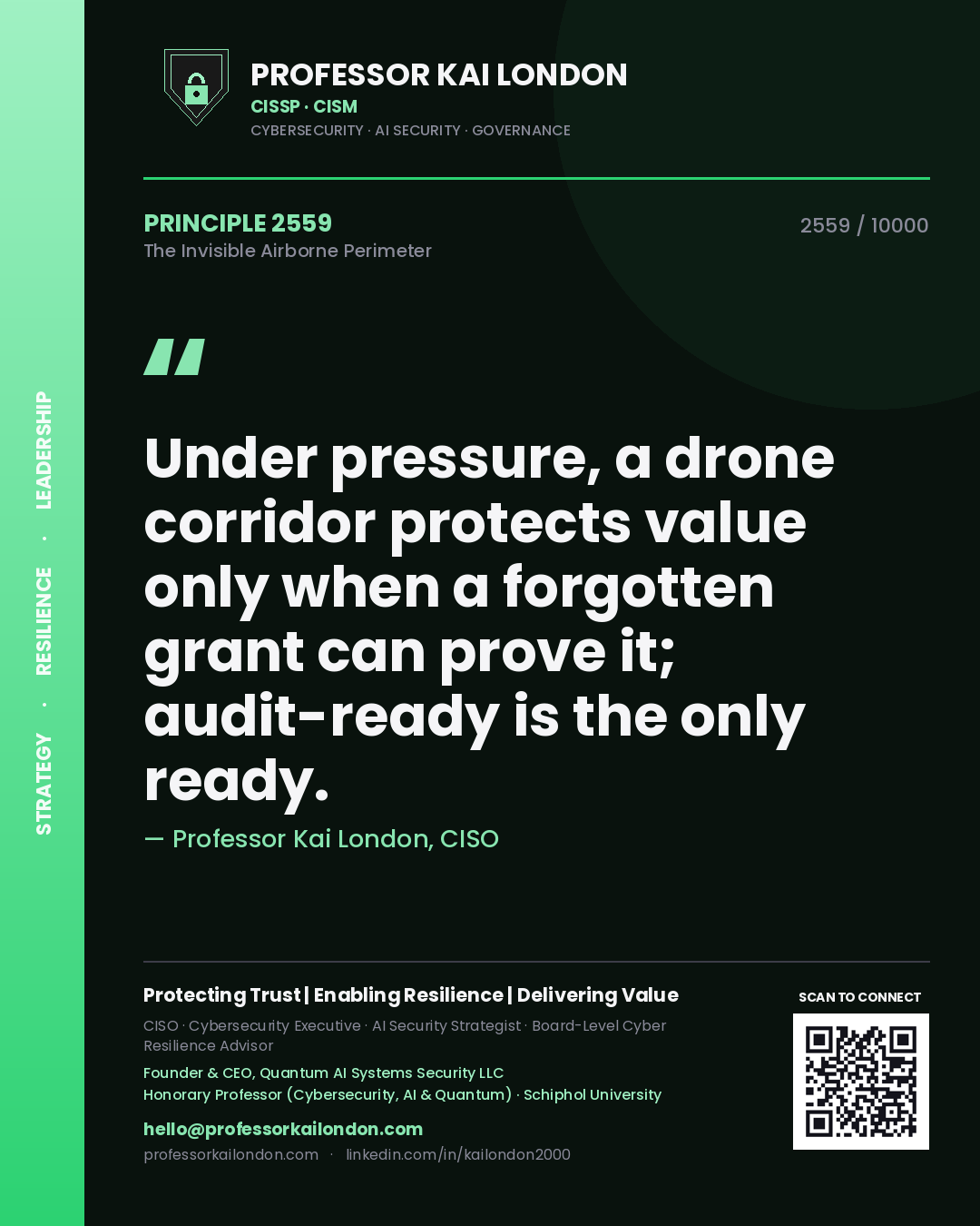 Quote card by Professor Kai London reading 'Under pressure, a drone corridor protects value only when a forgotten grant can prove it; audit-ready is the only ready.'. From the book The Invisible Airborne Perimeter.