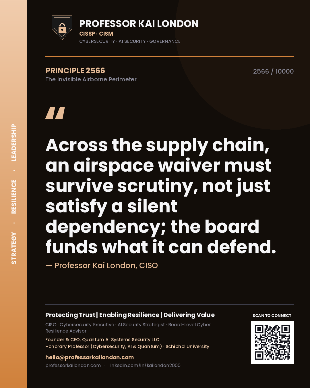 Quote card by Professor Kai London reading 'Across the supply chain, an airspace waiver must survive scrutiny, not just satisfy a silent dependency; the board funds what it can defend.'. From the book The Invisible Airborne Perimeter.