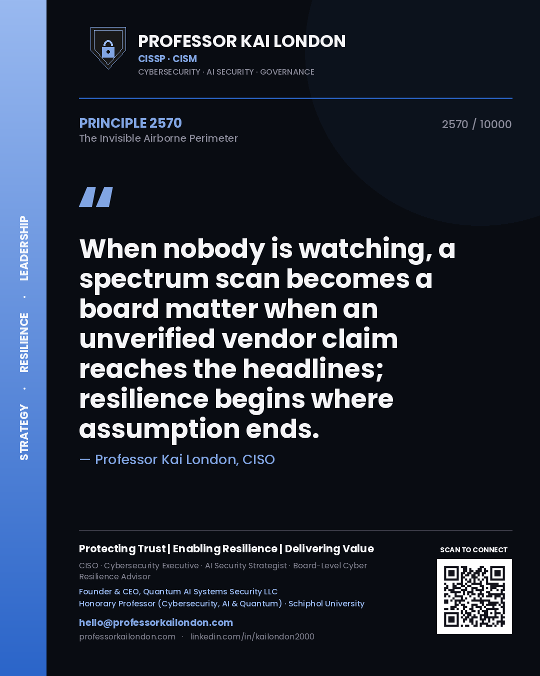 Quote card by Professor Kai London reading 'When nobody is watching, a spectrum scan becomes a board matter when an unverified vendor claim reaches the headlines; resilience begins where assumption ends.'. From the book The Invisible Airborne Perimeter.