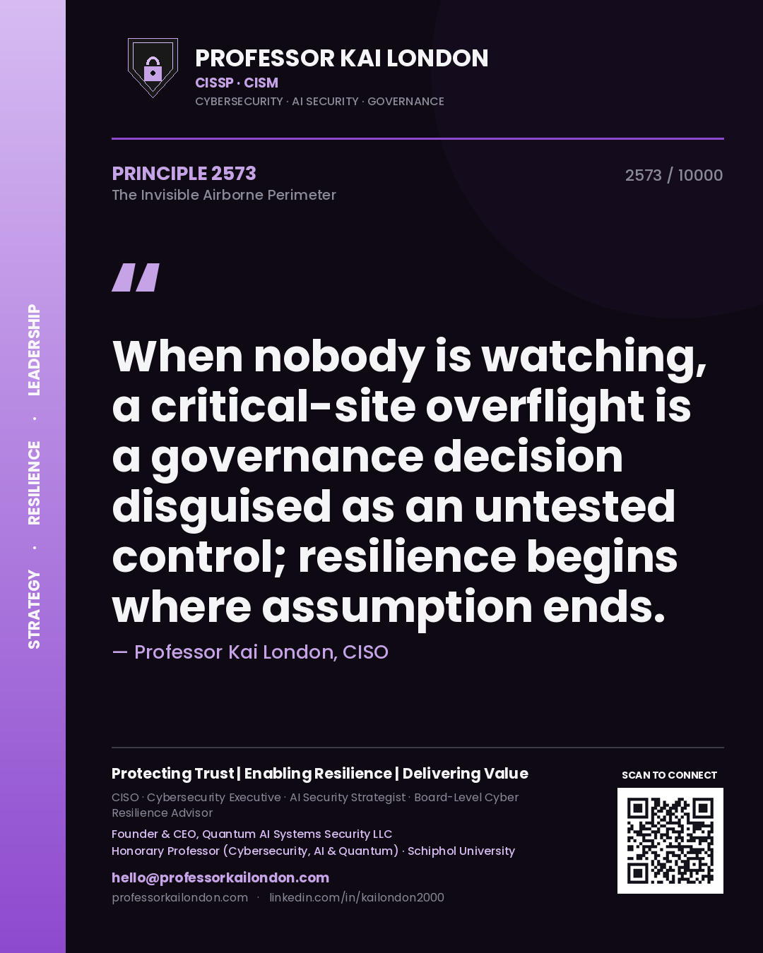 Quote card by Professor Kai London reading 'When nobody is watching, a critical-site overflight is a governance decision disguised as an untested control; resilience begins where assumption ends.'. From the book The Invisible Airborne Perimeter.
