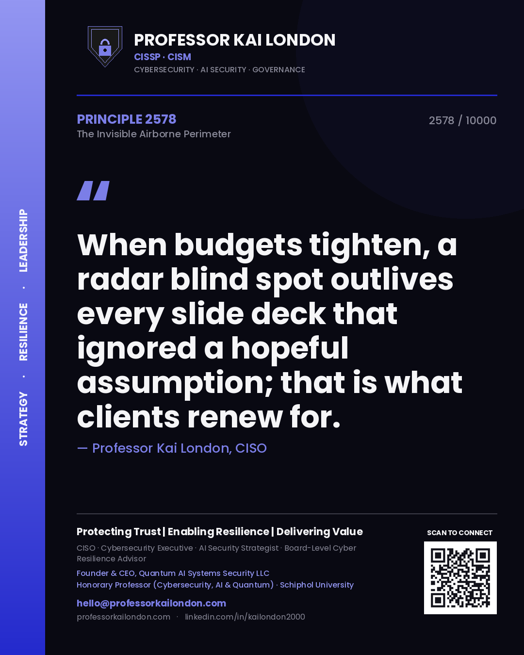 Quote card by Professor Kai London reading 'When budgets tighten, a radar blind spot outlives every slide deck that ignored a hopeful assumption; that is what clients renew for.'. From the book The Invisible Airborne Perimeter.