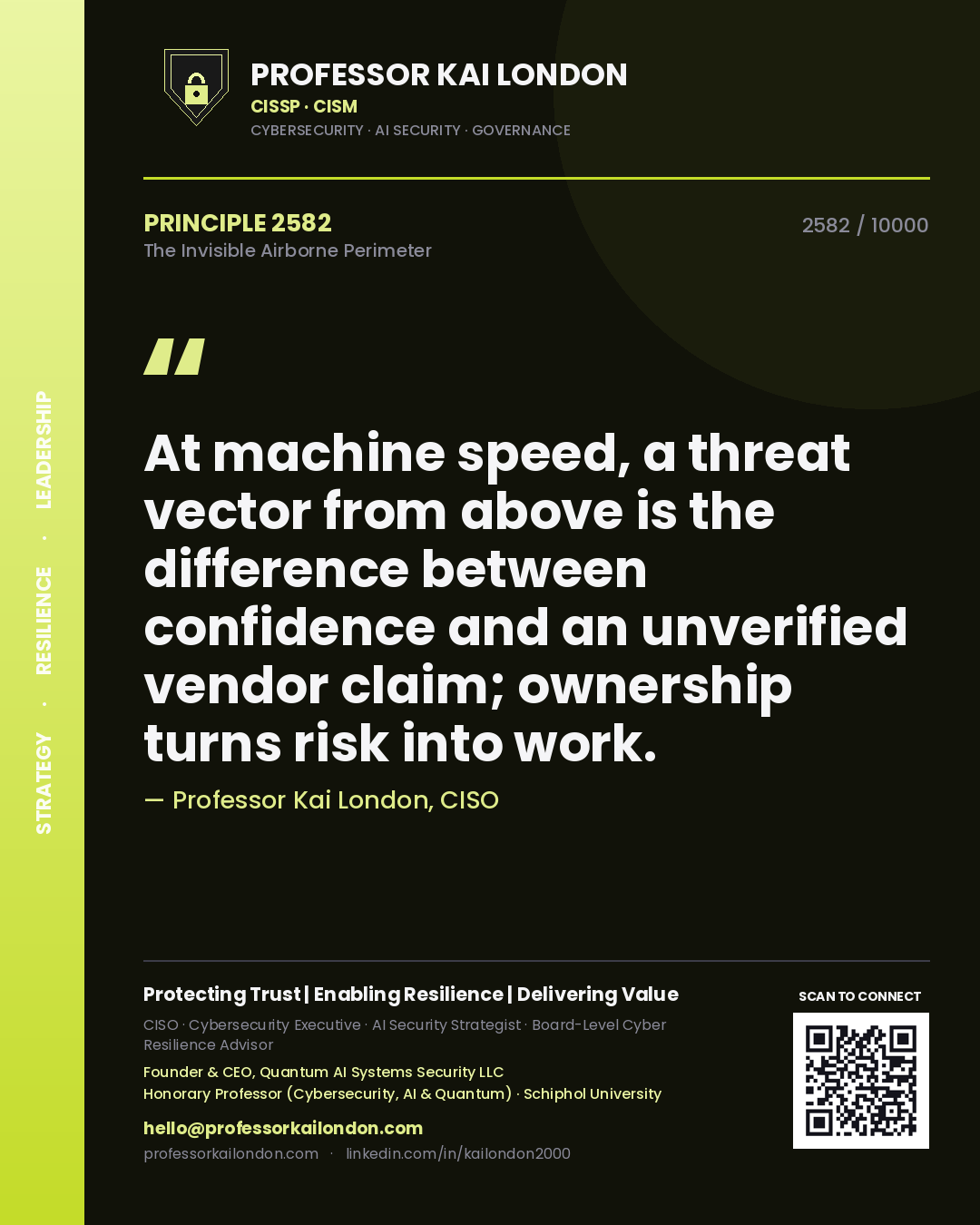 Quote card by Professor Kai London reading 'At machine speed, a threat vector from above is the difference between confidence and an unverified vendor claim; ownership turns risk into work.'. From the book The Invisible Airborne Perimeter.