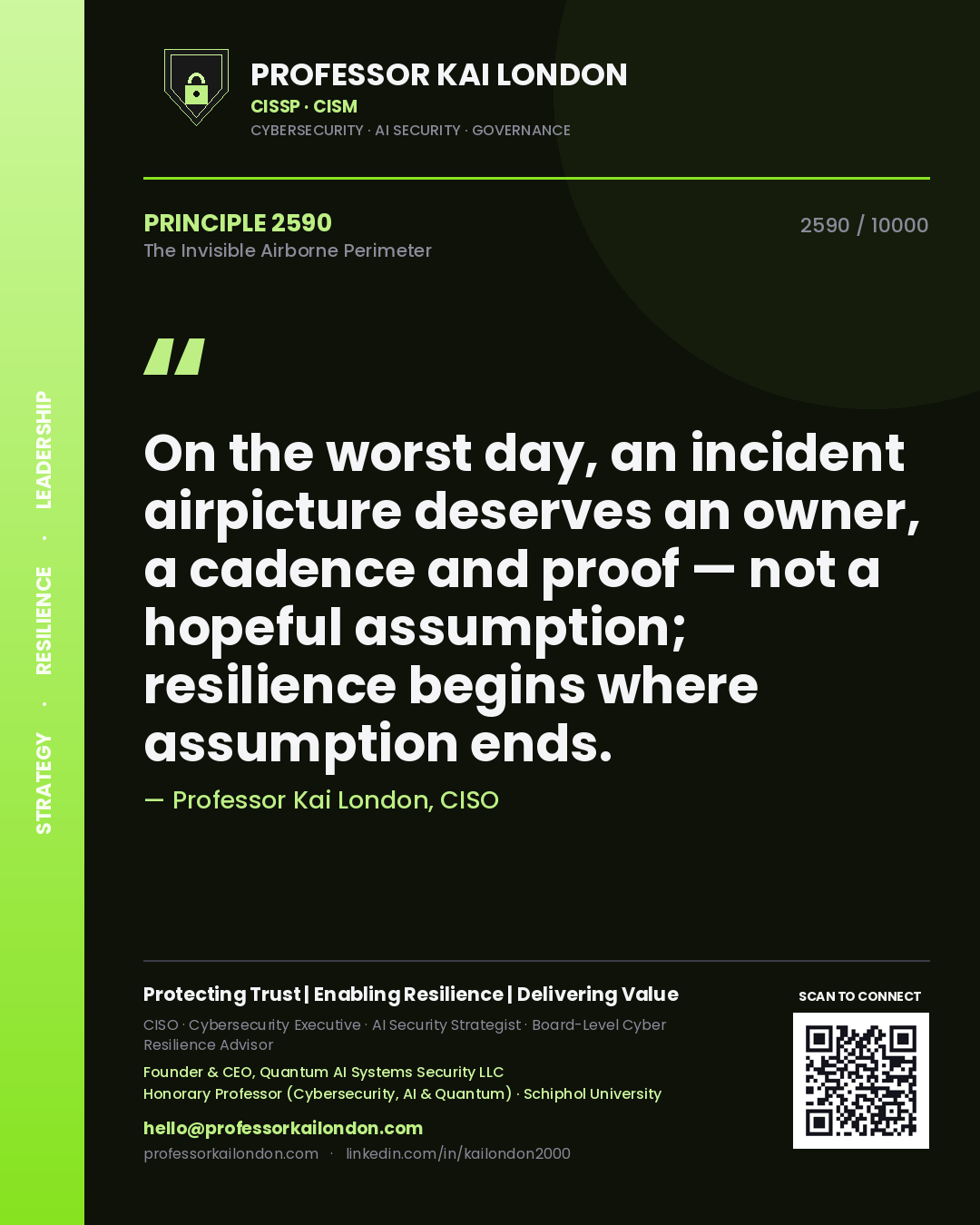 Quote card by Professor Kai London reading 'On the worst day, an incident airpicture deserves an owner, a cadence and proof — not a hopeful assumption; resilience begins where assumption ends.'. From the book The Invisible Airborne Perimeter.