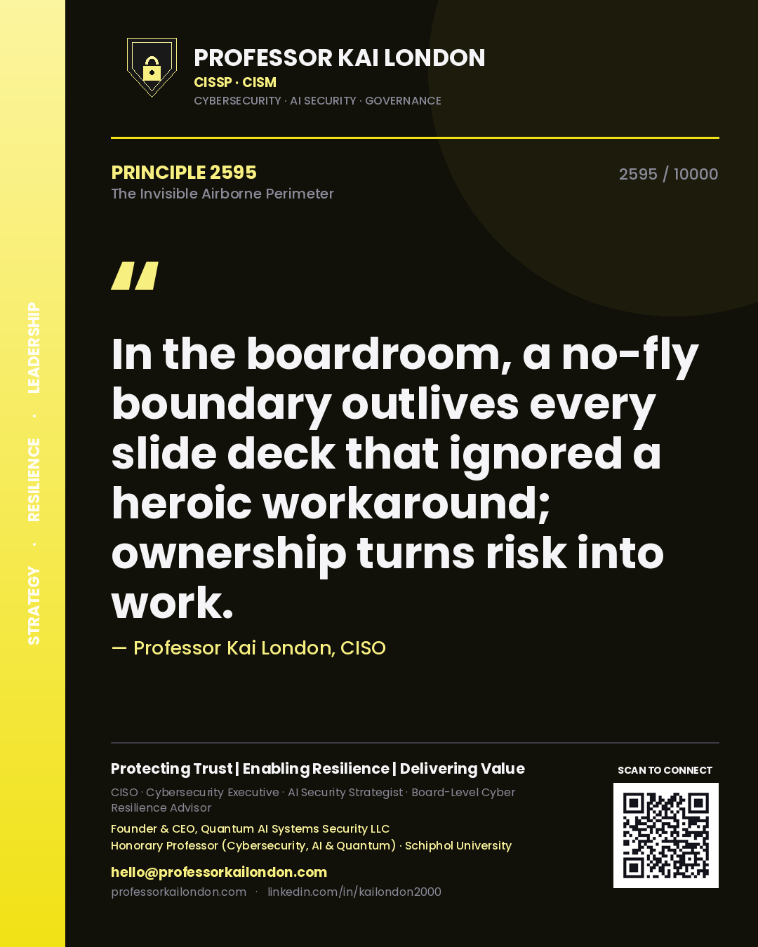 Quote card by Professor Kai London reading 'In the boardroom, a no-fly boundary outlives every slide deck that ignored a heroic workaround; ownership turns risk into work.'. From the book The Invisible Airborne Perimeter.