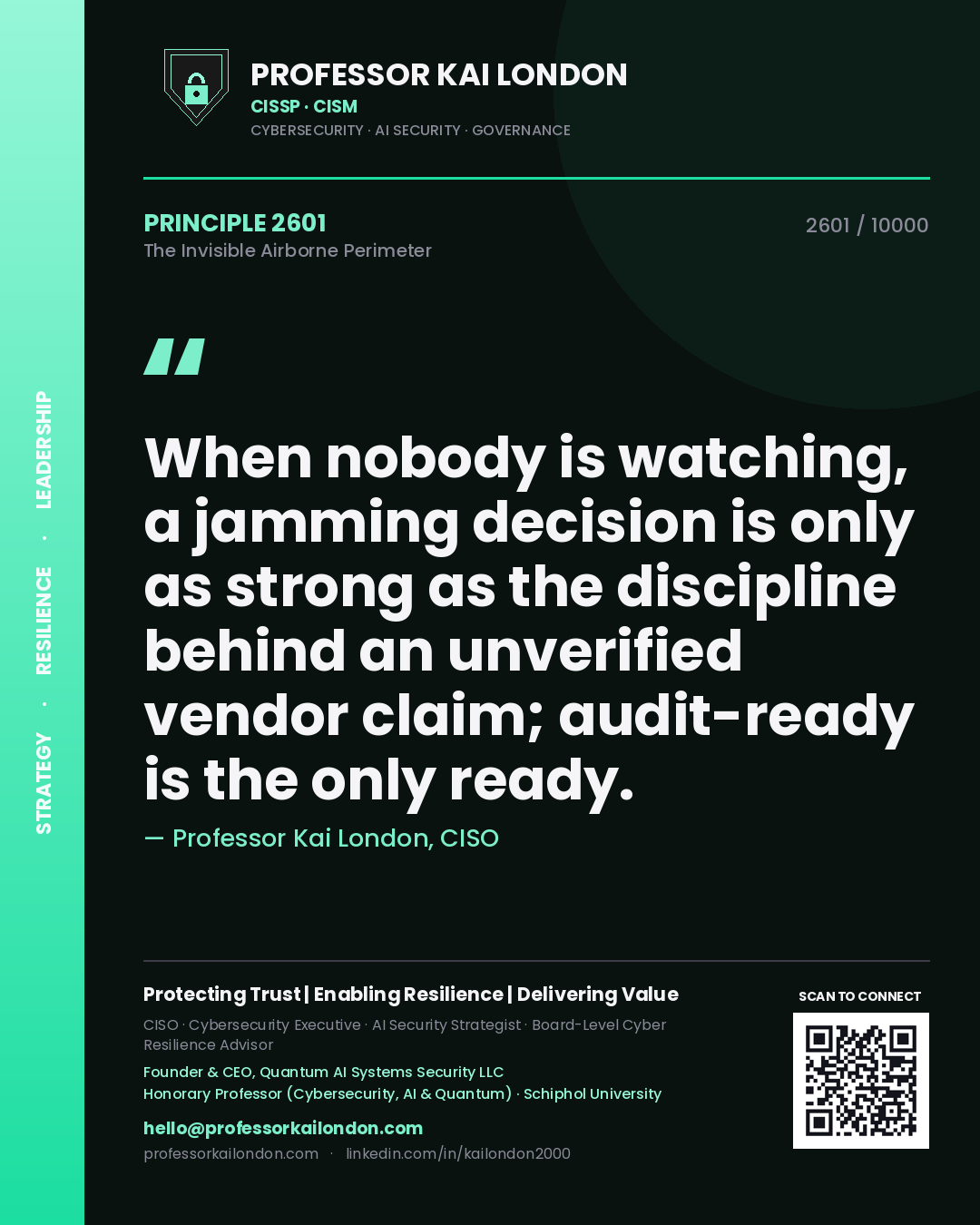 Quote card by Professor Kai London reading 'When nobody is watching, a jamming decision is only as strong as the discipline behind an unverified vendor claim; audit-ready is the only ready.'. From the book The Invisible Airborne Perimeter.