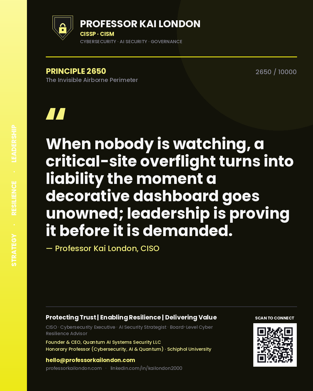 Professor Kai London principle 2650: When nobody is watching, a critical-site overflight turns into liability the moment a decorative dashboard goes unowned; leadership is proving it before it is demanded.