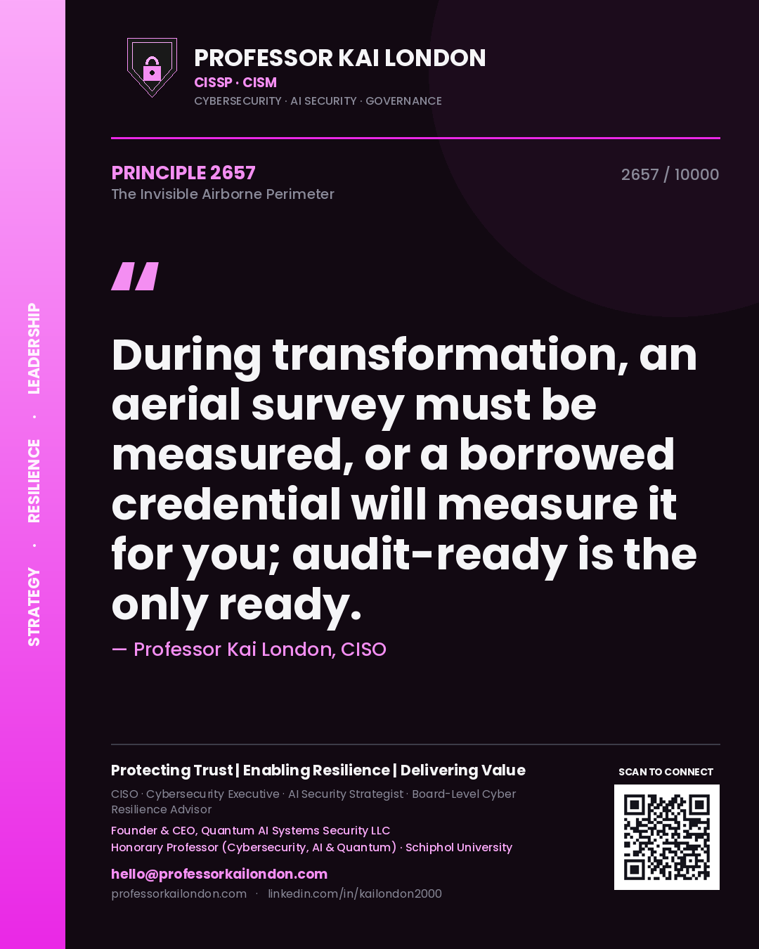 Professor Kai London principle 2657: During transformation, an aerial survey must be measured, or a borrowed credential will measure it for you; audit-ready is the only ready.