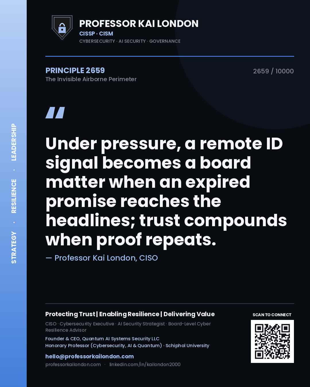 Professor Kai London principle 2659: Under pressure, a remote ID signal becomes a board matter when an expired promise reaches the headlines; trust compounds when proof repeats.