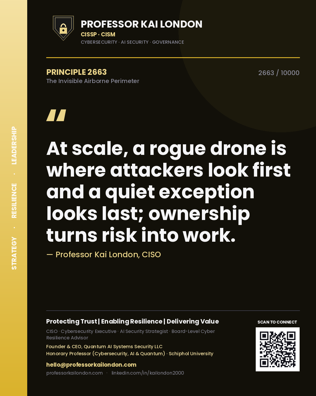 Quote card by Professor Kai London reading 'At scale, a rogue drone is where attackers look first and a quiet exception looks last; ownership turns risk into work.'. From the book The Invisible Airborne Perimeter.