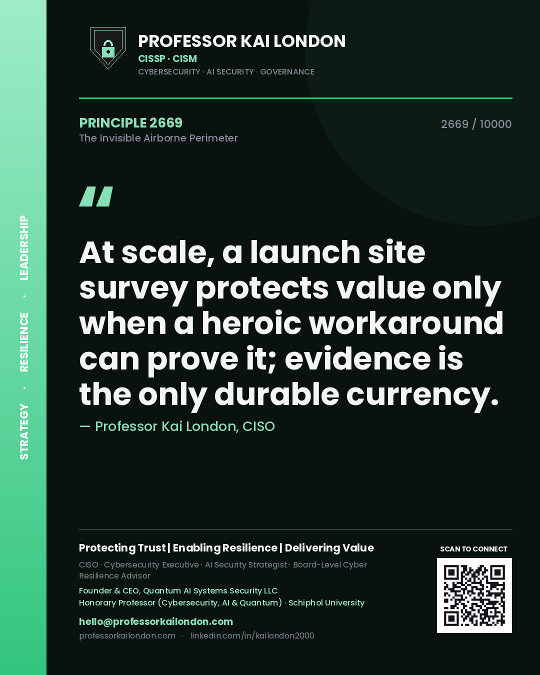 Quote card by Professor Kai London reading 'At scale, a launch site survey protects value only when a heroic workaround can prove it; evidence is the only durable currency.'. From the book The Invisible Airborne Perimeter.