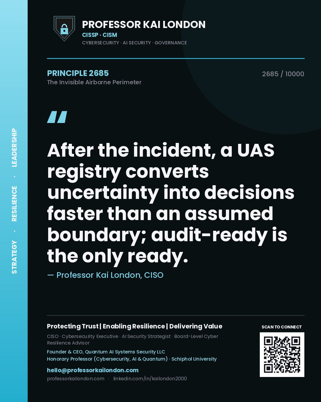Quote card by Professor Kai London reading 'After the incident, a UAS registry converts uncertainty into decisions faster than an assumed boundary; audit-ready is the only ready.'. From the book The Invisible Airborne Perimeter.