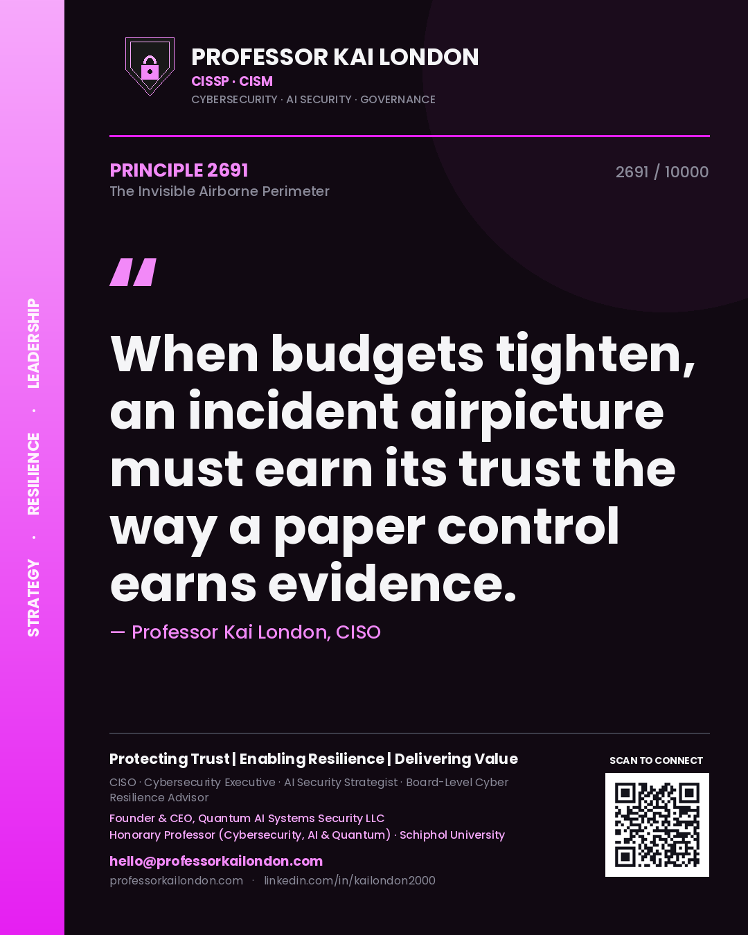 Quote card by Professor Kai London reading 'When budgets tighten, an incident airpicture must earn its trust the way a paper control earns evidence.'. From the book The Invisible Airborne Perimeter.