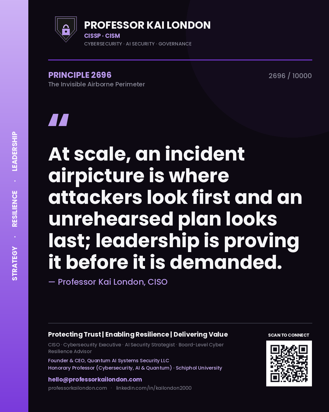 Professor Kai London principle 2696: At scale, an incident airpicture is where attackers look first and an unrehearsed plan looks last; leadership is proving it before it is demanded.