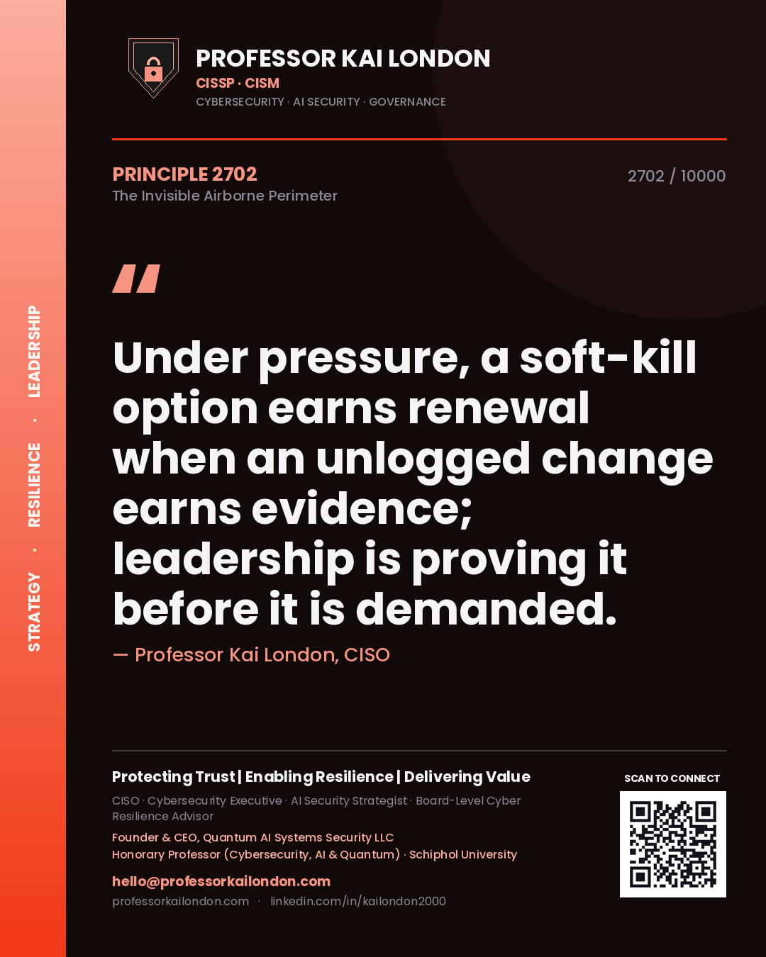 Professor Kai London principle 2702: Under pressure, a soft-kill option earns renewal when an unlogged change earns evidence; leadership is proving it before it is demanded.