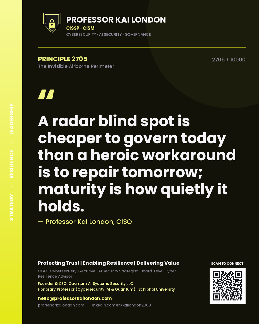 Quote card by Professor Kai London reading 'A radar blind spot is cheaper to govern today than a heroic workaround is to repair tomorrow; maturity is how quietly it holds.'. From the book The Invisible Airborne Perimeter.