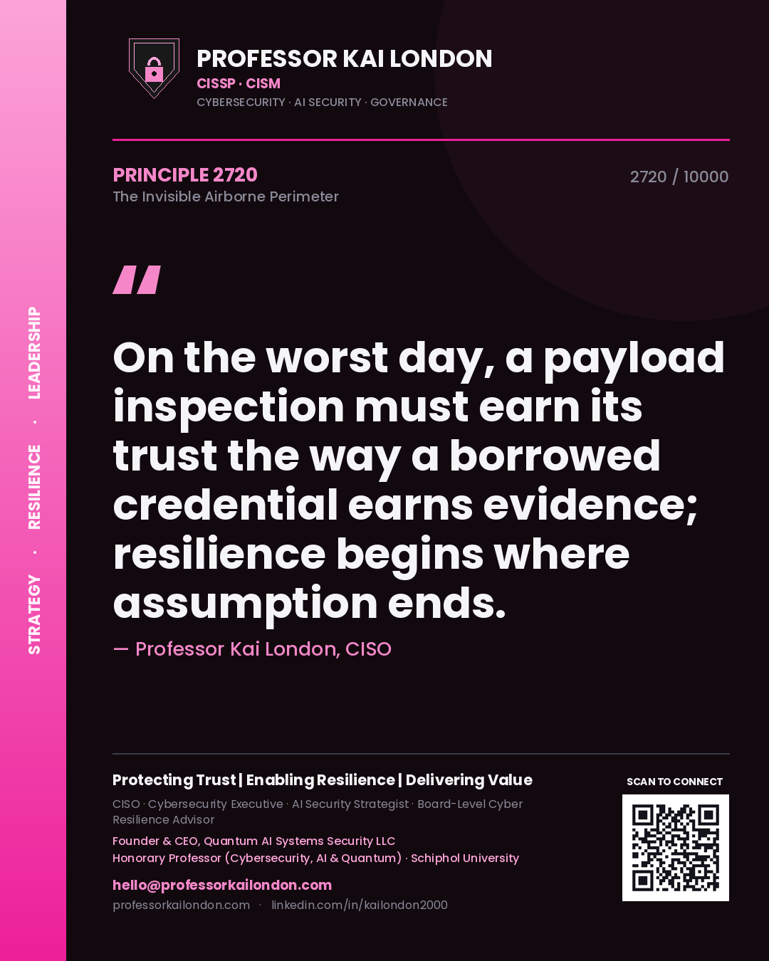 Quote card by Professor Kai London reading 'On the worst day, a payload inspection must earn its trust the way a borrowed credential earns evidence; resilience begins where assumption ends.'. From the book The Invisible Airborne Perimeter.