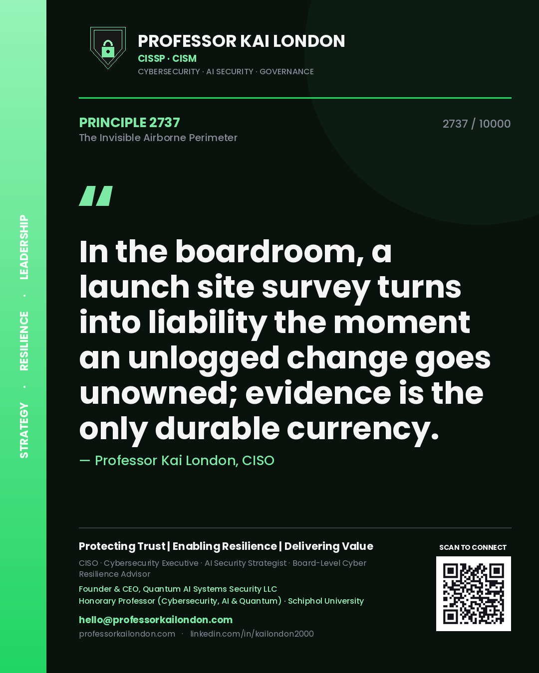 Quote card by Professor Kai London reading 'In the boardroom, a launch site survey turns into liability the moment an unlogged change goes unowned; evidence is the only durable currency.'. From the book The Invisible Airborne Perimeter.