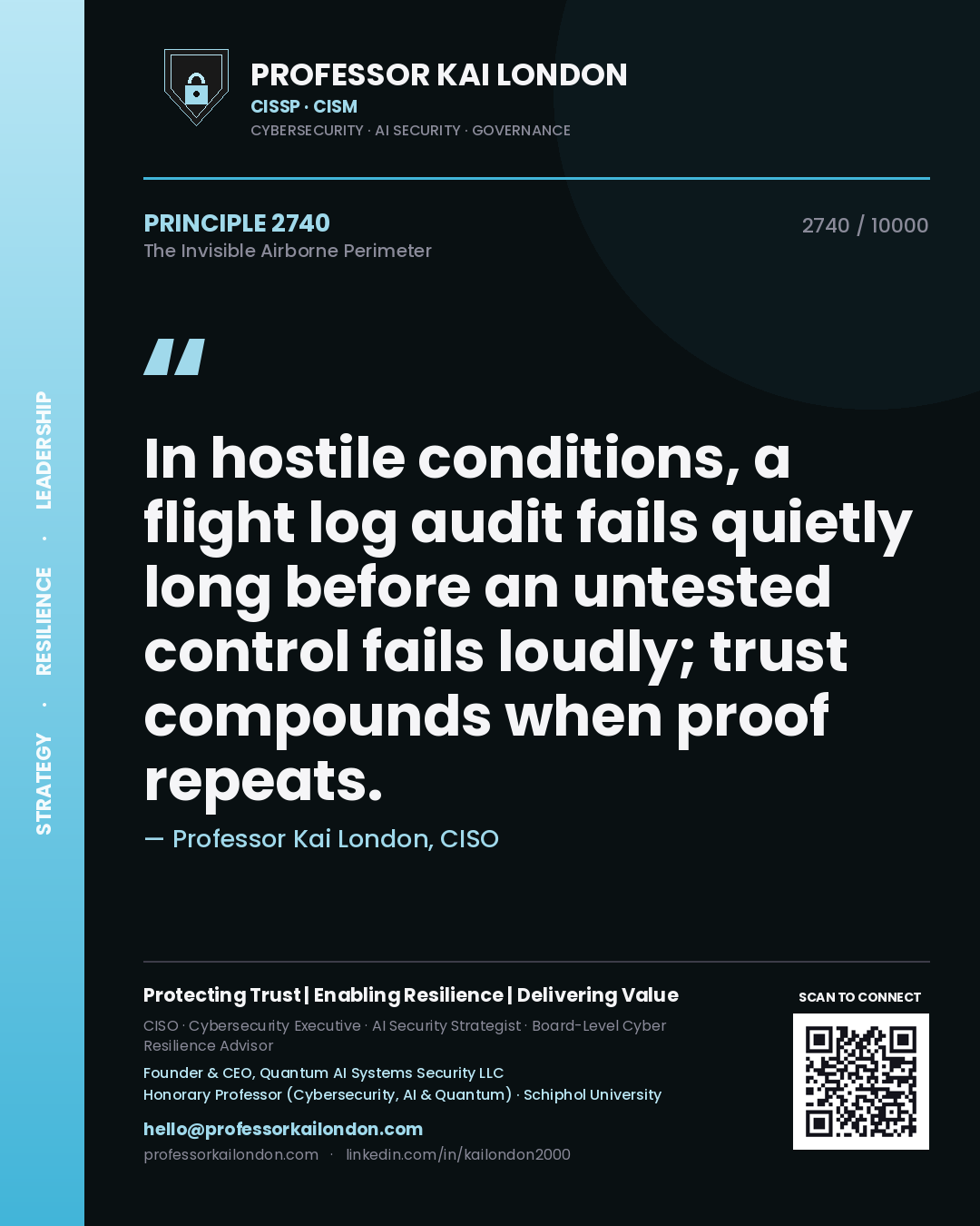 Quote card by Professor Kai London reading 'In hostile conditions, a flight log audit fails quietly long before an untested control fails loudly; trust compounds when proof repeats.'. From the book The Invisible Airborne Perimeter.