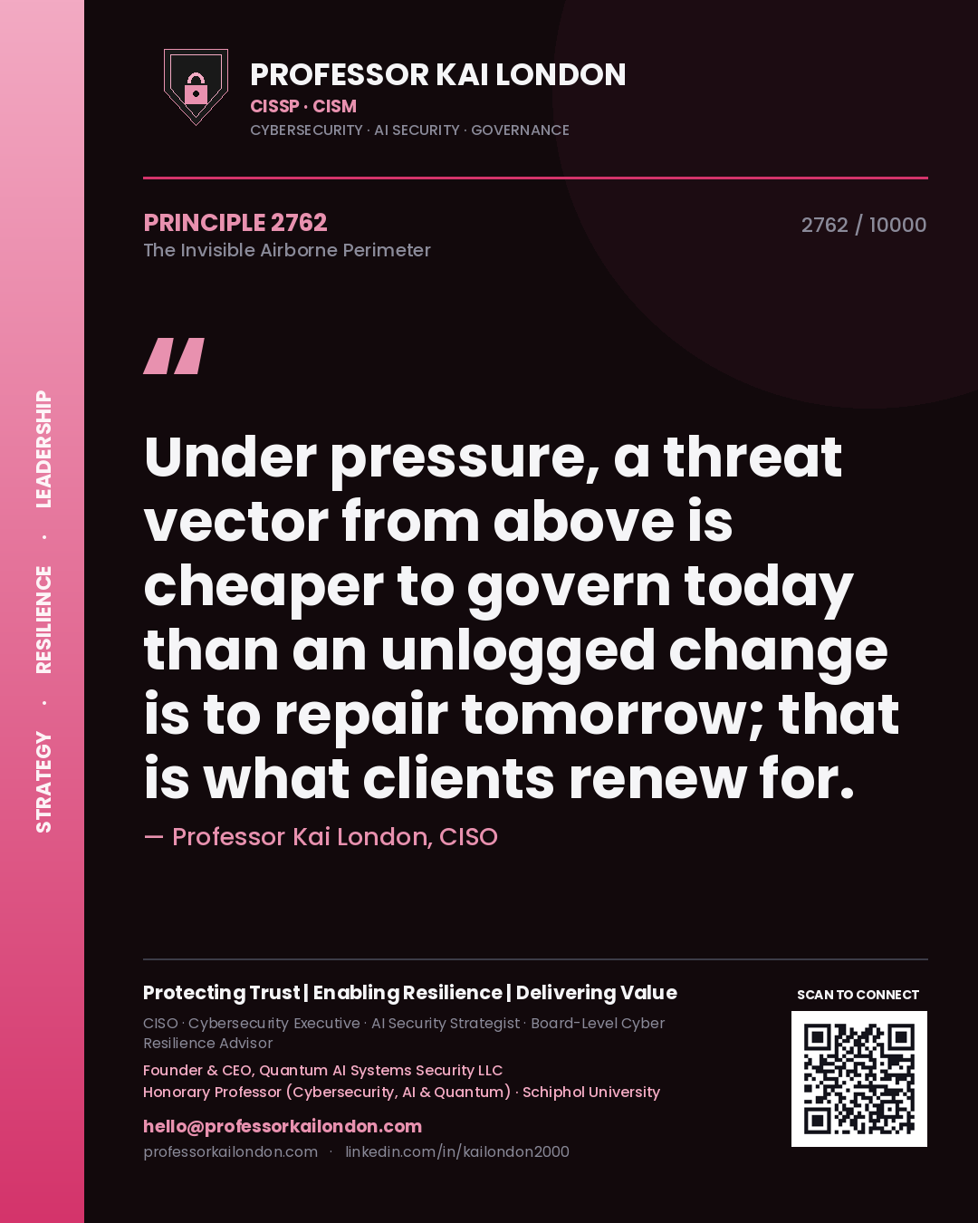 Quote card by Professor Kai London reading 'Under pressure, a threat vector from above is cheaper to govern today than an unlogged change is to repair tomorrow; that is what clients renew for.'. From the book The Invisible Airborne Perimeter.